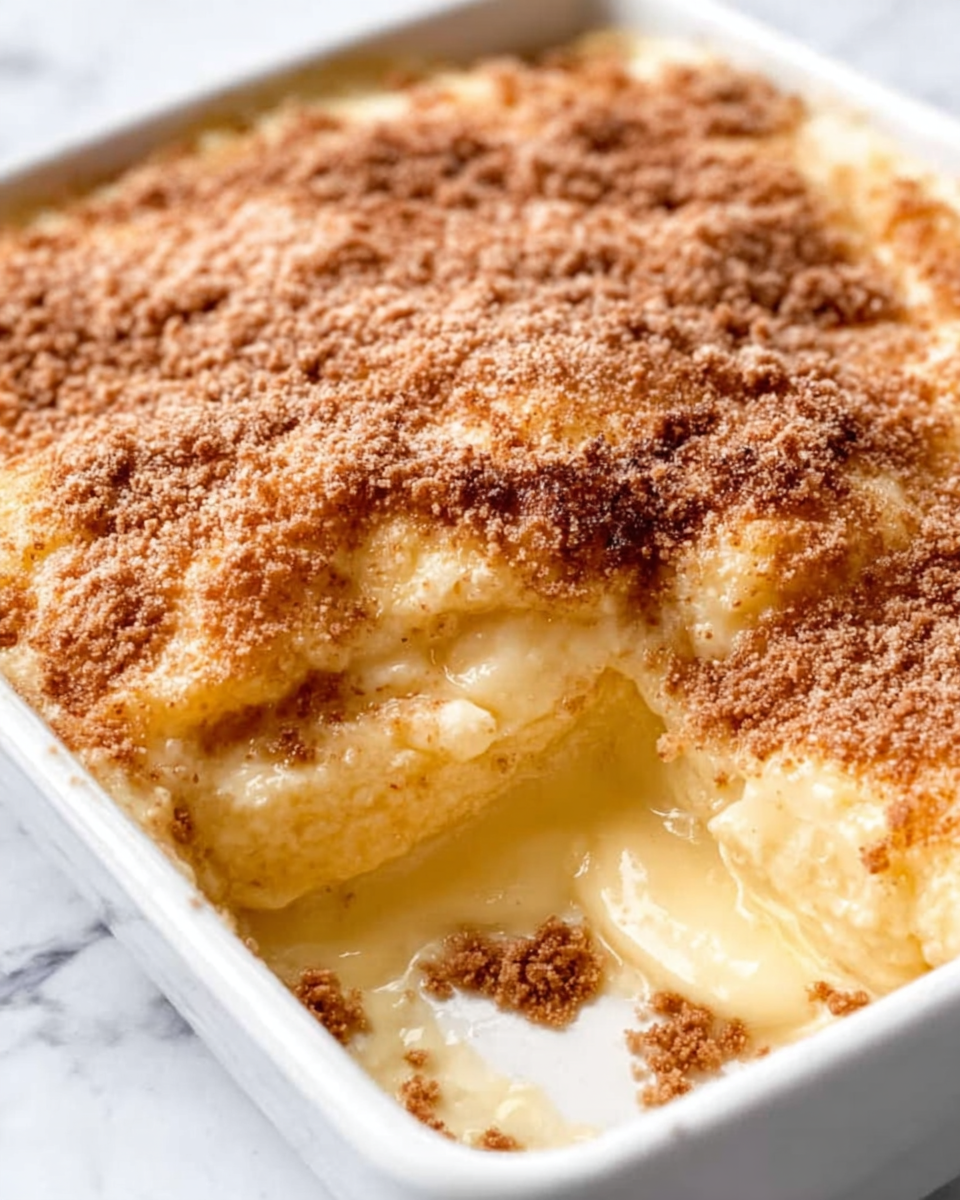 The image shows a close-up of a creamy baked dish in a white rectangular dish, with a bubbly, golden-brown top layer covered with a fine brown crumb topping. Below the crisp topping is a thick, smooth, pale yellow creamy layer oozing slightly on one side, creating a soft contrast to the crunchy texture on top. The edges show some browned bits where the creamy filling has bubbled up against the dish. The background is a white marbled surface. photo taken with an iphone --ar 4:5 --v 7