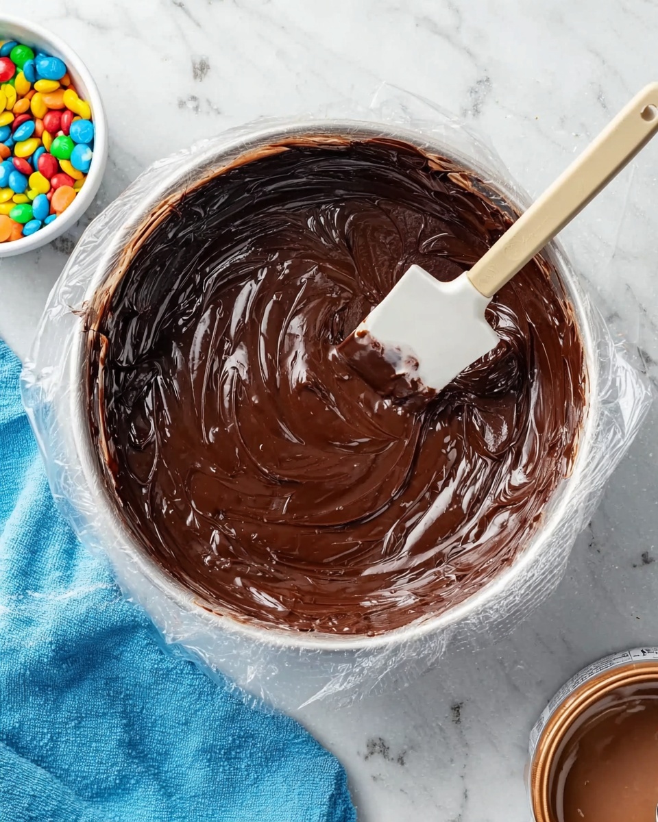 A round bowl lined with transparent plastic wrap holds a thick layer of shiny, dark brown chocolate spread evenly inside. A white spatula with a little chocolate on its edge rests in the bowl, angled diagonally, as if just stirred. Around the bowl, there is a white marbled surface, with a small blue cloth and a small white bowl of colorful candy pieces on the left, and a jar with a brown lid on the right. The image looks clear and natural. photo taken with an iphone --ar 4:5 --v 7
