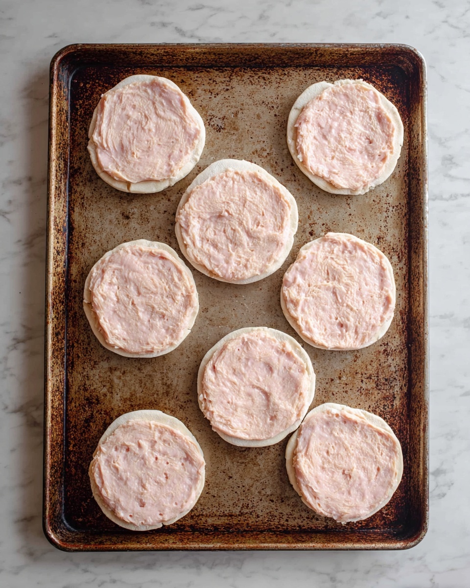 Eight small round dough bases lay flat on a large, old, rusty baking tray with a rough texture. Each dough base is topped evenly with a pale pink, smooth, raw chicken spread that covers the surface except for the edges. The edges of the dough are white and slightly puffy. The background is a white marbled surface. photo taken with an iphone --ar 4:5 --v 7