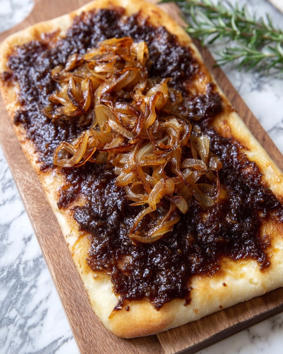 A flat rectangular bread is topped with a thick, dark brown sauce evenly spread across its surface. On the middle top of the bread sits a pile of caramelized onions, golden brown with slight transparency and soft texture, layered loosely. The bread is placed on a wooden board, set on a white marbled surface with a small sprig of rosemary visible in the background. Photo taken with an iphone --ar 4:5 --v 7