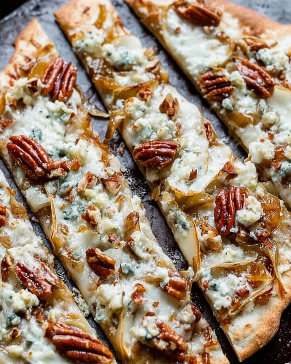 The image shows three triangular flatbread slices arranged on a white marbled surface. Each flatbread slice has a thin, golden-brown crust topped with a layer of creamy white spread. On top of this spread, there is a thick layer of caramelized brown onions that cover most of the flatbread. Small green leafy herbs are sprinkled on the onions, adding a fresh touch and slight color contrast. The flatbreads are spaced slightly apart, showing the white marbled background between them. photo taken with an iphone --ar 4:5 --v 7