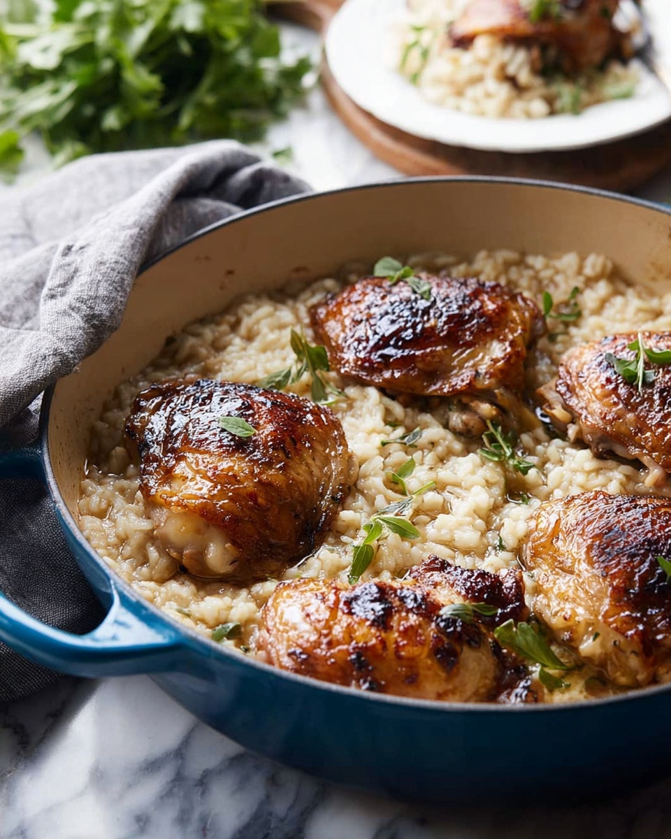 A white round plate on a white marbled surface holds two main parts: on the left is a creamy risotto with a soft, beige color and small green herb sprinkles on top; on the right is a single golden-brown grilled chicken thigh with a slightly crisp, shiny skin sprinkled with black pepper and herbs. Behind the plate, there is a fork with a silver head and black handle resting on the edge. In the background, there is a blurred black bowl with fresh green leafy spinach, and a glass with pale white wine. The plate is placed on a dark blue textured cloth, all set on a wooden table. photo taken with an iphone --ar 4:5 --v 7