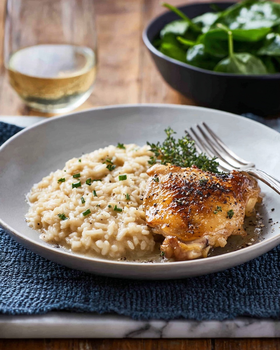 The image shows a large blue pan filled with creamy white rice topped with four pieces of golden-brown roasted chicken thighs, their skin crisp and slightly charred. A silver spoon rests inside the pan, partly submerged in the rice. Above the pan is a white plate holding a serving of the same creamy rice next to a roasted chicken thigh, with a fork placed on the plate's edge. To the side, a white bowl contains fresh green spinach leaves. All items are set on a white marbled background with a blue cloth nearby. Photo taken with an iphone --ar 4:5 --v 7