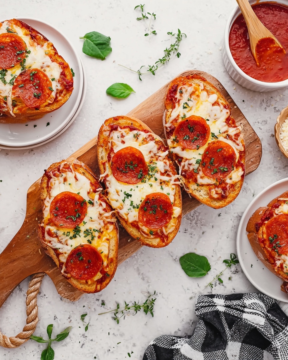 Four slices of pepperoni pizza toast sit side by side on a wooden board with a rope handle, each slice showing a golden-brown toasted bread base topped with melted white cheese and three round reddish-orange pepperoni slices sprinkled with green herbs. The board is placed on a white marbled surface scattered with green fresh herb sprigs. Around it are white plates holding additional pieces of the same pizza toast, and a white bowl containing red pizza sauce with a wooden spoon placed inside. A black and white checkered cloth is folded on the bottom right corner, adding to the cozy scene. Photo taken with an iphone --ar 4:5 --v 7