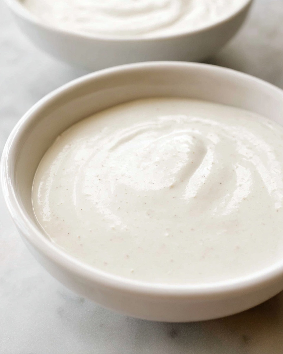 A close-up view of a smooth, creamy white sauce inside a white bowl. The sauce has a soft, slightly wavy texture with tiny specks throughout, giving it a lightly seasoned look. The bowl is placed on a white marbled surface. In the background, part of another similar bowl with the same white sauce is slightly out of focus. photo taken with an iphone --ar 4:5 --v 7