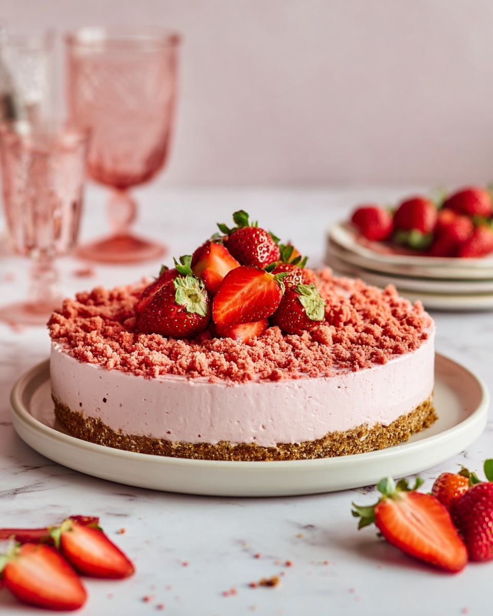 The dish is a three-layer round strawberry cheesecake on a white plate, set on a white marbled surface. The bottom layer is a light brown crumb crust, firm and compact. The middle layer is thick and pale pink with a smooth, creamy texture filling most of the cake. The top layer is made of a crumbly red strawberry crumble spread evenly over the pink layer. On top, there is a small pile of fresh, whole and sliced strawberries with green leaves, bright red and glossy, placed in the center. The background includes soft pink glasses and scattered whole and sliced strawberries around the plate. photo taken with an iphone --ar 4:5 --v 7