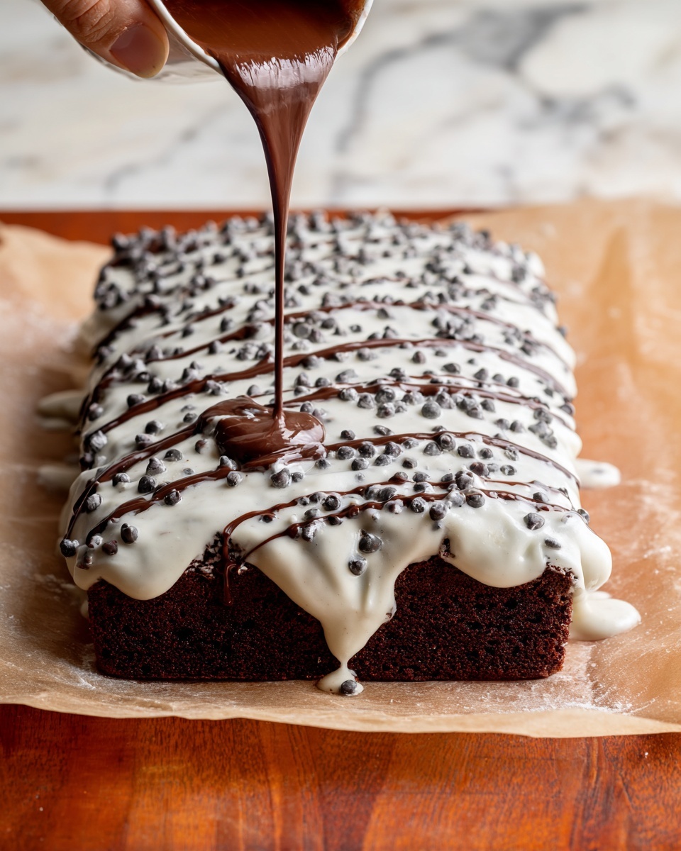 The image shows a rectangular brownie covered with a thick white frosting that has many small dark chocolate chips mixed in. The frosting is layered on top, smoothly spread with some dripping down the sides. A woman’s hand is pouring thin lines of dark melted chocolate diagonally over the white frosting, creating a striped pattern. The brownie sits on parchment paper on a white marbled surface. The scene has warm lighting, highlighting the rich textures of the brownie and frosting. photo taken with an iphone --ar 4:5 --v 7