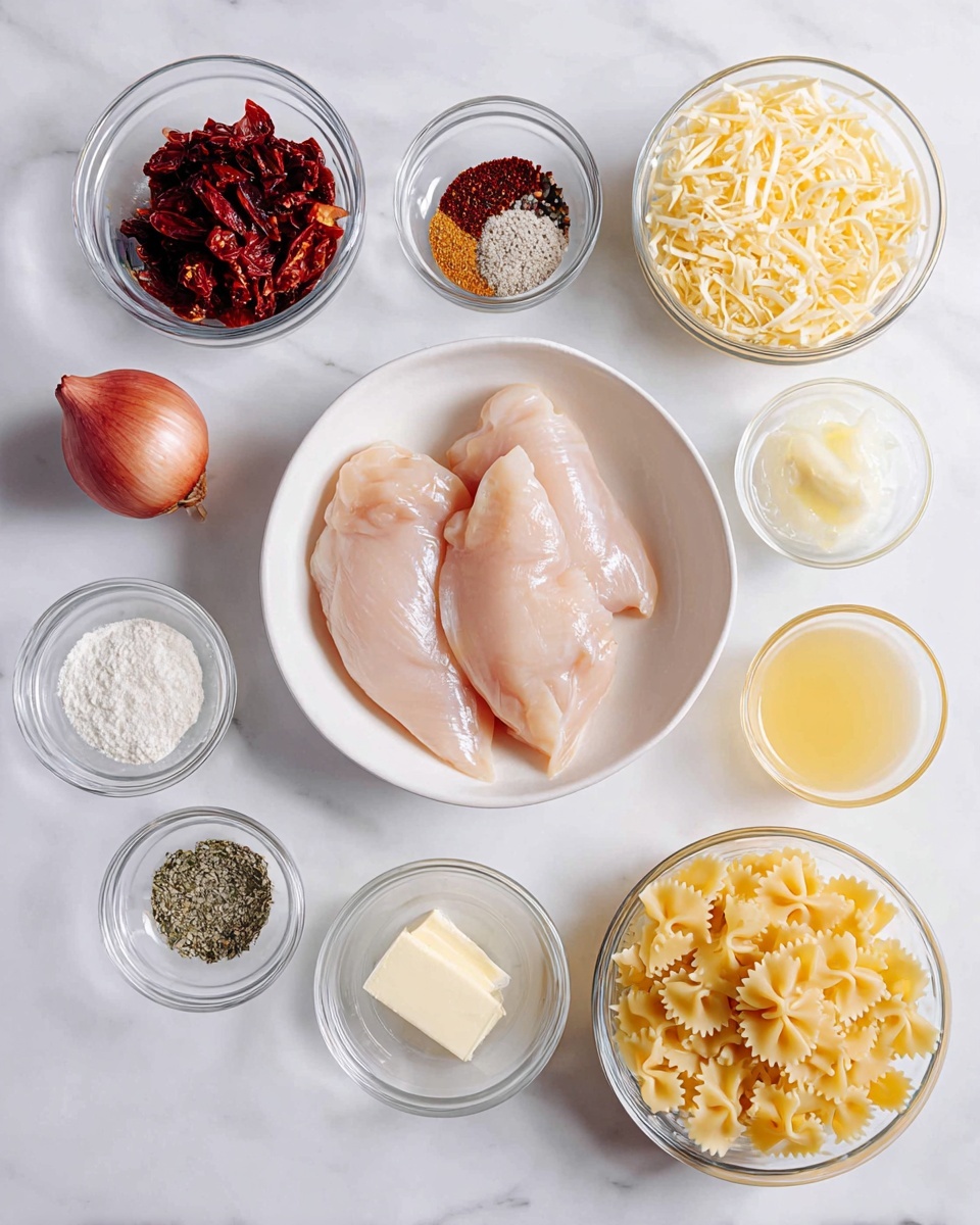 A top view of ingredients neatly arranged on a white marbled surface, featuring a white bowl in the center holding three raw pale pink chicken fillets. Surrounding the bowl clockwise: a small clear glass bowl filled with reddish dried tomatoes, a small clear glass bowl with a mix of red, black, white spices, another small clear glass bowl with white flour, a small clear glass bowl containing minced garlic, a small clear glass bowl with light yellow chicken broth, a small clear glass bowl filled with white cream, a small glass bowl with yellow butter, a small dish holding green dried herbs, a small clear glass bowl filled with pale yellow uncooked farfalle pasta, and a small clear glass bowl with shredded pale yellow cheese. On the left side near the top is a single red shallot. The setting is bright and clean. photo taken with an iphone --ar 4:5 --v 7