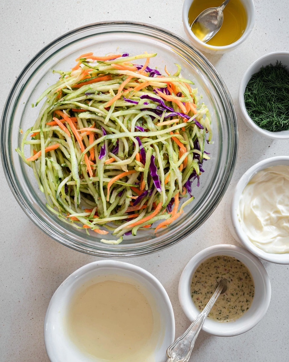 A clear glass bowl filled with thin, long strips of light green broccoli stalks mixed with thin orange carrot sticks and a few purple cabbage pieces in the center. Surrounding the bowl are five small white bowls: one containing a creamy light beige sauce, one with chopped dark green dill, another with a white creamy yogurt with a spoon, one with a small amount of clear liquid, and another with a grainy light brown mustard sauce with visible herbs. All items are placed on a white marbled textured surface. Photo taken with an iphone --ar 4:5 --v 7