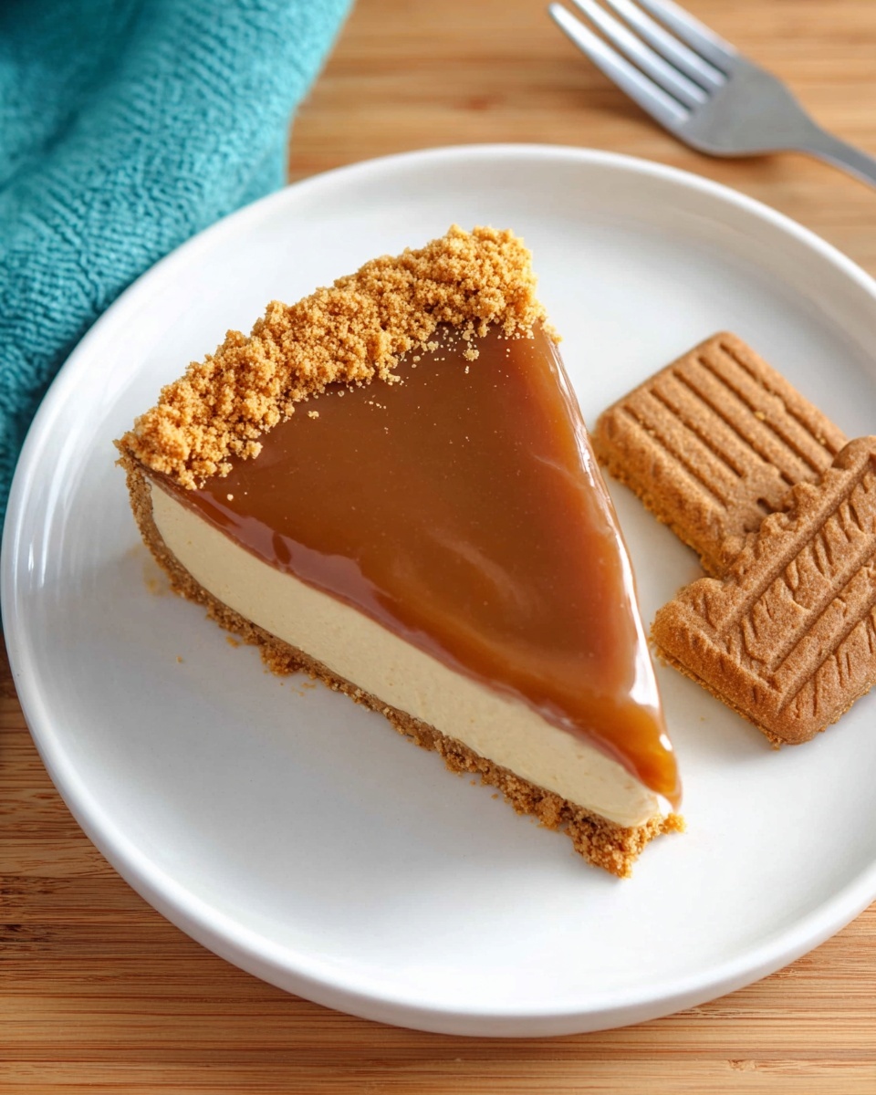 A slice of pie is placed on a white plate with a smooth, shiny caramel-colored top layer that is thick and glossy. Below this is a light cream layer showing just under the caramel, and a thin crumbly crust at the very top edge made of crushed cookie crumbs with a golden brown color. To the right of the slice on the plate are two rectangular brown cookies with a textured surface and patterns on top. The plate sits on a wooden surface and there is a silver fork below the plate. Part of a turquoise cloth is visible at the top left corner. photo taken with an iphone --ar 4:5 --v 7