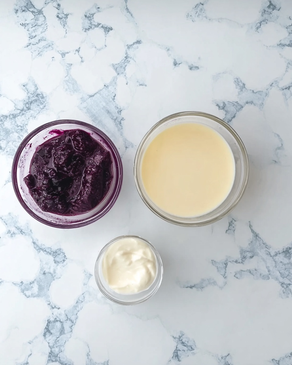 The image shows three glass bowls on a white marbled surface. The bowl on the left contains a dark purple, slightly lumpy mixture. The bowl on the top right has a smooth, pale yellow liquid. The bowl near the bottom right holds a small amount of white cream or milk. Photo taken with an iphone --ar 4:5 --v 7