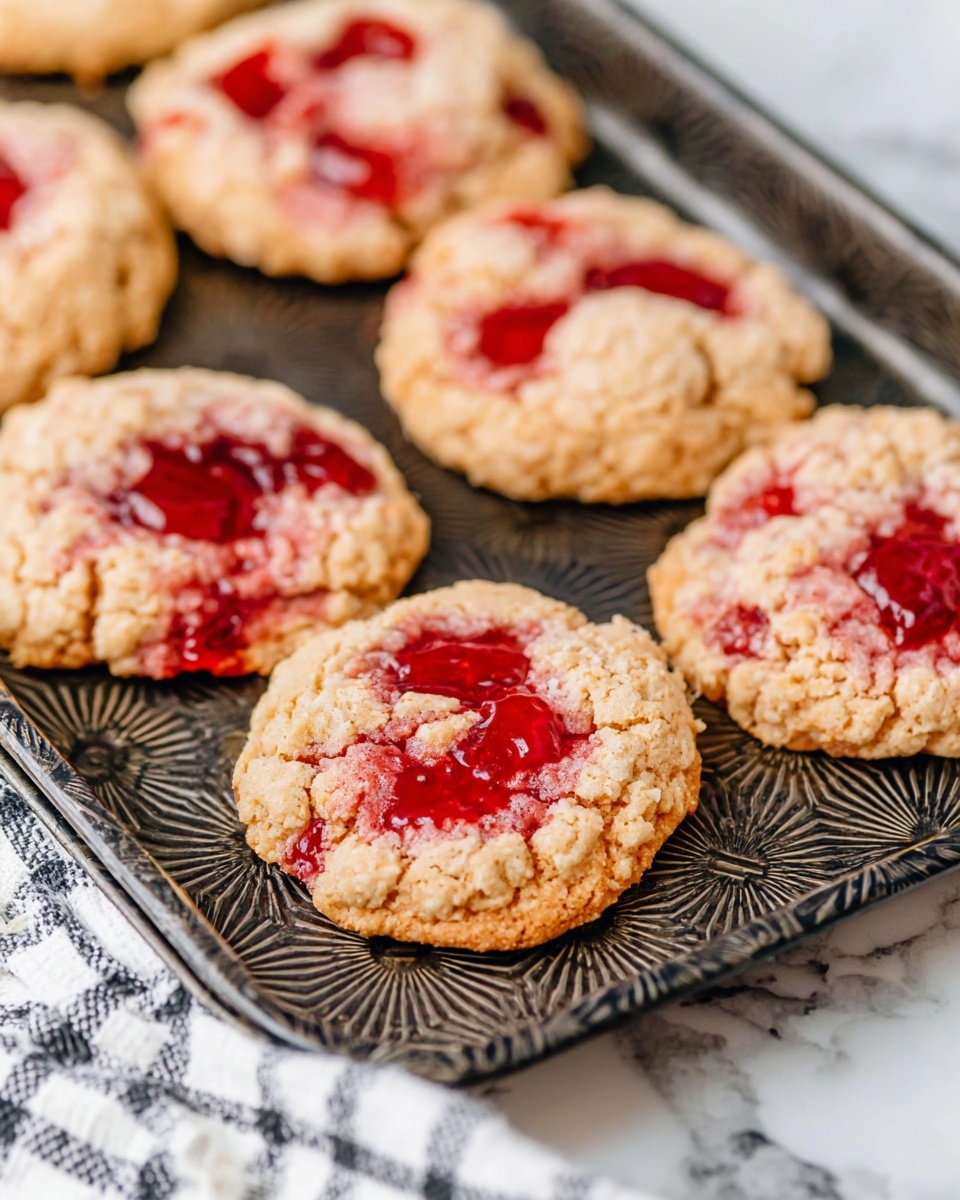 The image shows a close-up view of several fresh baked strawberry jam cookies on a dark baking tray with decorative patterns. Each cookie has one layer with a dense, crumbly golden-brown texture on the outer edges and a softer, moist pinkish-orange center made by the strawberry jam. Bright red chunks of strawberry jam are spread unevenly on top, adding splashy red details. The baking tray is placed on a white marbled surface, with a white and black checkered cloth partially visible at the bottom corner. The scene conveys a warm, homemade feel with a focus on texture and color contrast. photo taken with an iphone --ar 4:5 --v 7