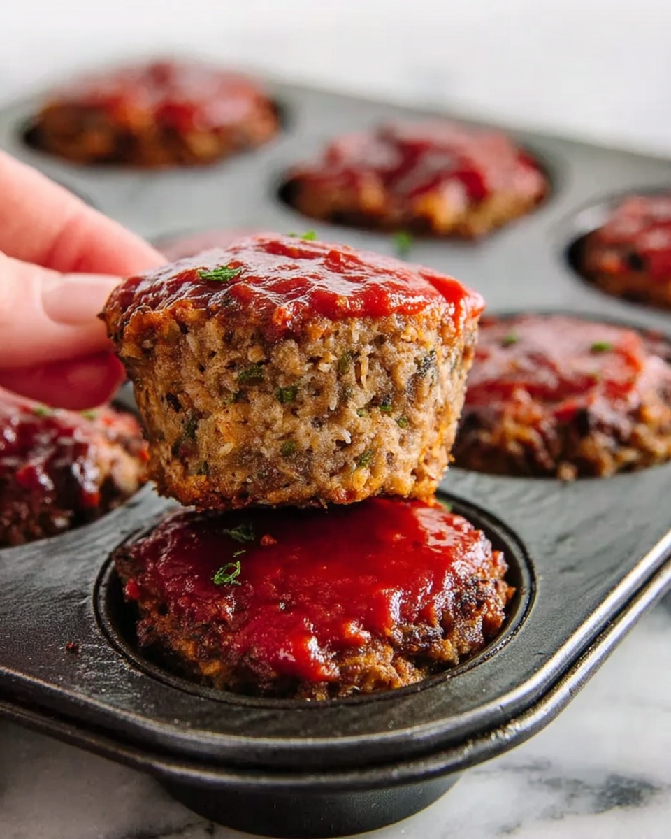 The image shows a single round meatloaf muffin sitting on a white plate. The muffin has a brown, textured surface with visible bits of herbs and ingredients mixed inside. The top is covered with a smooth, shiny layer of red sauce, spread evenly. Behind the muffin, some mashed potatoes and green vegetables are slightly out of focus, all set on a white marbled surface. The lighting is natural and bright, highlighting the textures and colors clearly. photo taken with an iphone --ar 4:5 --v 7