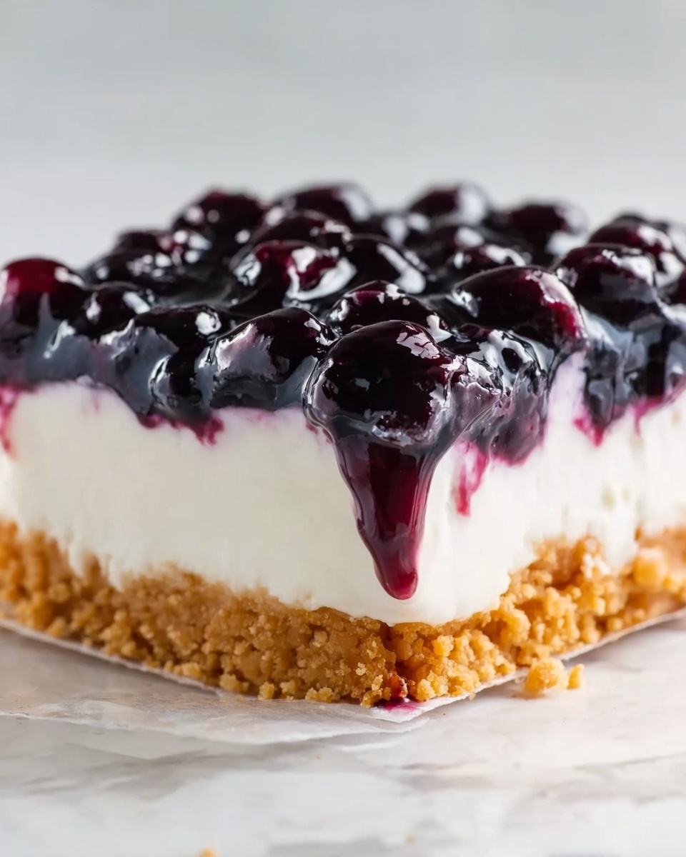 The image shows a close-up of a dessert square on a white marbled surface. The bottom layer is crumbly and golden brown, looking like a firm biscuit or crust. On top of this is a thick white creamy layer, smooth and soft. The top layer is dark purple with shiny, whole berries mixed in a thick jelly-like topping that looks glossy and wet. The layers are clear and even, with the berry topping slightly dripping down the sides. photo taken with an iphone --ar 4:5 --v 7