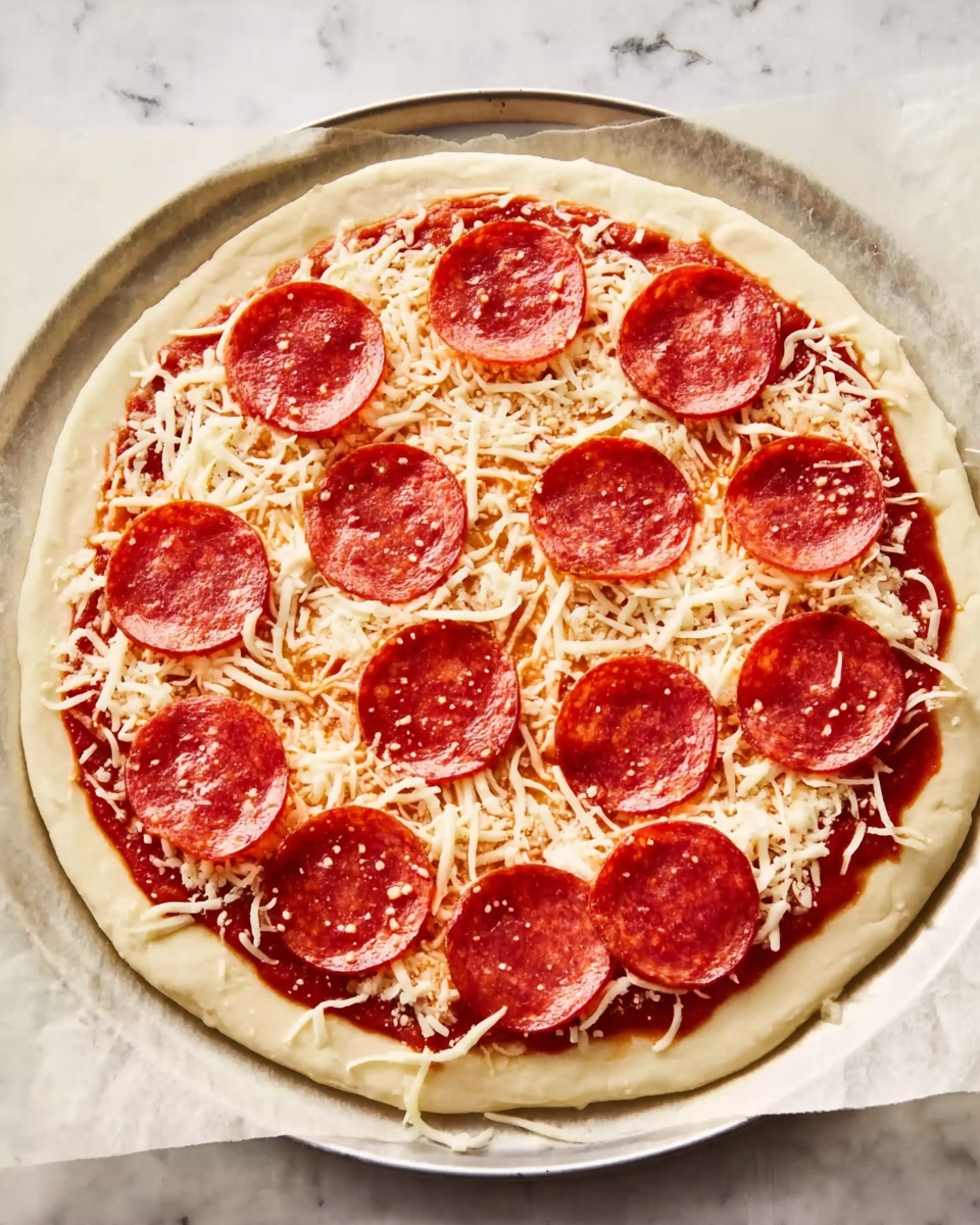 The image shows a round pizza with one layer of light beige dough as the base, topped with a thin layer of red tomato sauce evenly spread across most of the surface, leaving the dough edges bare. On top of the sauce is a layer of white shredded cheese scattered evenly around the pizza. The last layer consists of round slices of pepperoni arranged in a circular pattern, covering the cheese evenly. The pizza is placed on white parchment paper over a round silver tray. The tray rests on a white marbled surface. Photo taken with an iphone --ar 4:5 --v 7