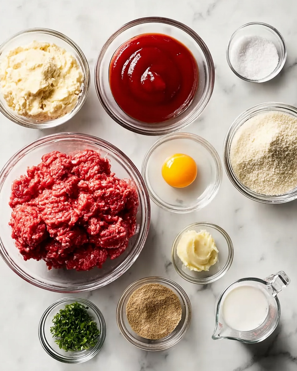 Several clear glass bowls are arranged on a white marbled surface, each containing different ingredients. One large bowl holds bright red ground meat with a slightly rough texture. Next to it, a medium bowl is filled with smooth, shiny red ketchup. Another medium bowl contains a single raw egg with a yellow yolk surrounded by clear egg white. A small bowl has a pale yellow paste, likely garlic. A small bowl holds light brown powder. Another small bowl contains fresh green herbs with a fine texture. There is also a bowl with white breadcrumbs, appearing crumbly and dry. A small bowl is filled with white salt. Lastly, a measuring cup holds a white liquid. photo taken with an iphone --ar 4:5 --v 7