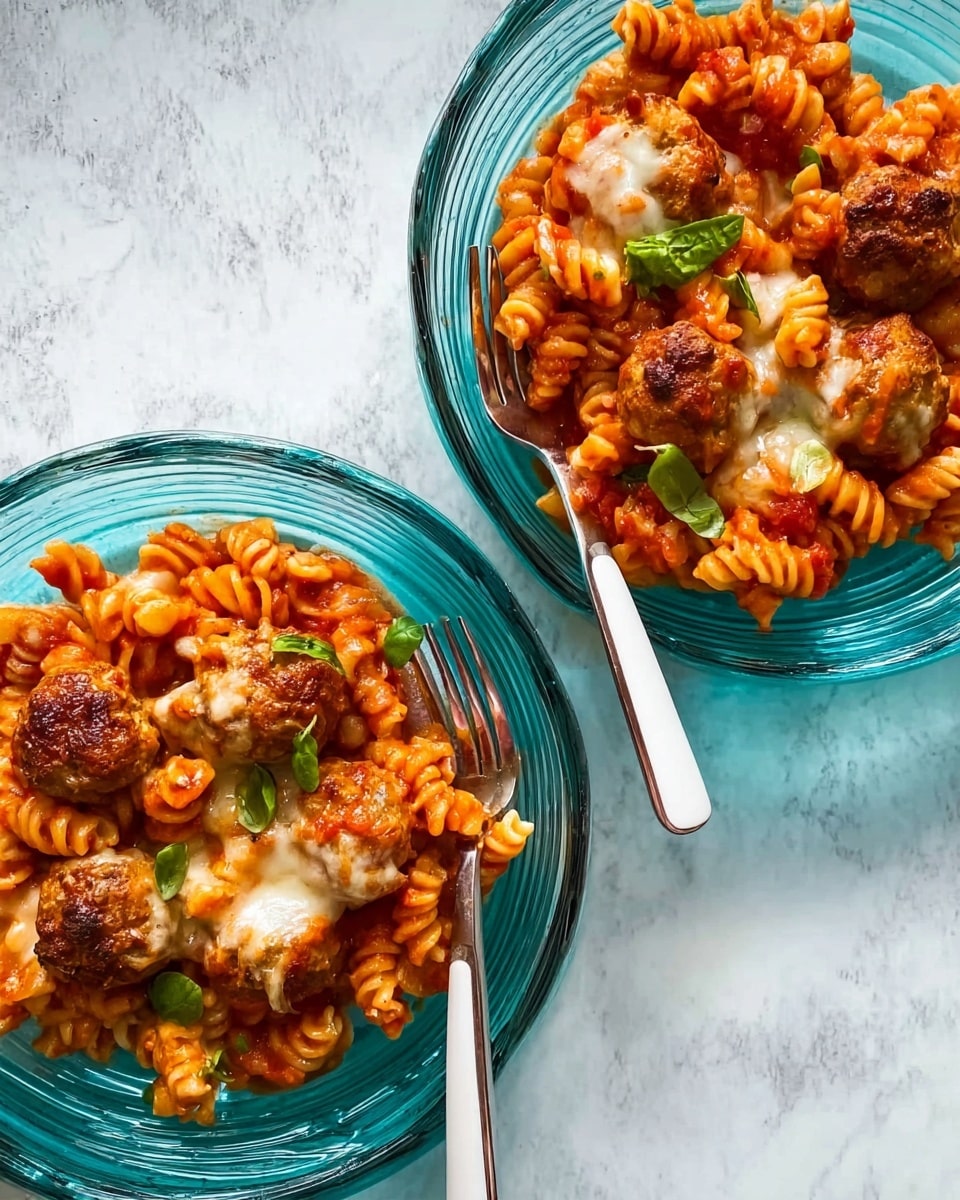 Two clear glass plates filled with pasta spirals in bright red sauce sit on a white marbled surface. Each plate holds several browned meatballs fully covered with melted cheese that is slightly golden in spots. Fresh green basil leaves are scattered on top for color contrast. Two metal forks with white handles rest on the edges of the plates. The light gives a fresh, warm feel to the dish. Photo taken with an iphone --ar 4:5 --v 7