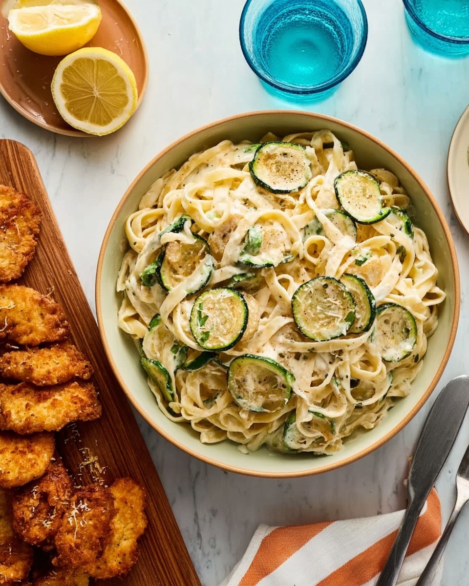 A white bowl filled with creamy fettuccine pasta and round slices of green zucchini mixed throughout, all coated in a light creamy white sauce, sitting on a white marbled surface. On the left side, a wooden board has golden crispy sliced pieces of fried food, with a wedge of lemon nearby. In the top part of the image, there are two blue glasses filled with water. On the right side, there is a folded white cloth with soft orange stripes and a white plate with a fork and knife resting on it. Photo taken with an iphone --ar 4:5 --v 7