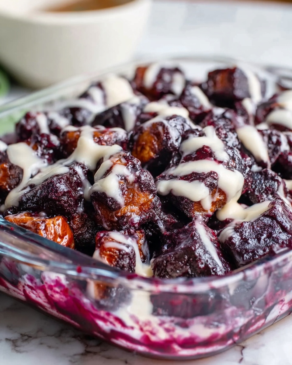 The image shows a clear white glass dish filled with dark purple and brown chunks of food covered with a white creamy drizzle. The pieces look roasted or baked and have a shiny, sticky texture. Some purple syrup or juice pools at the bottom of the dish, creating a glossy, thick layer beneath the chunks. The background surface is white marbled, and a white bowl is partly visible in the background. Photo taken with an iphone --ar 4:5 --v 7