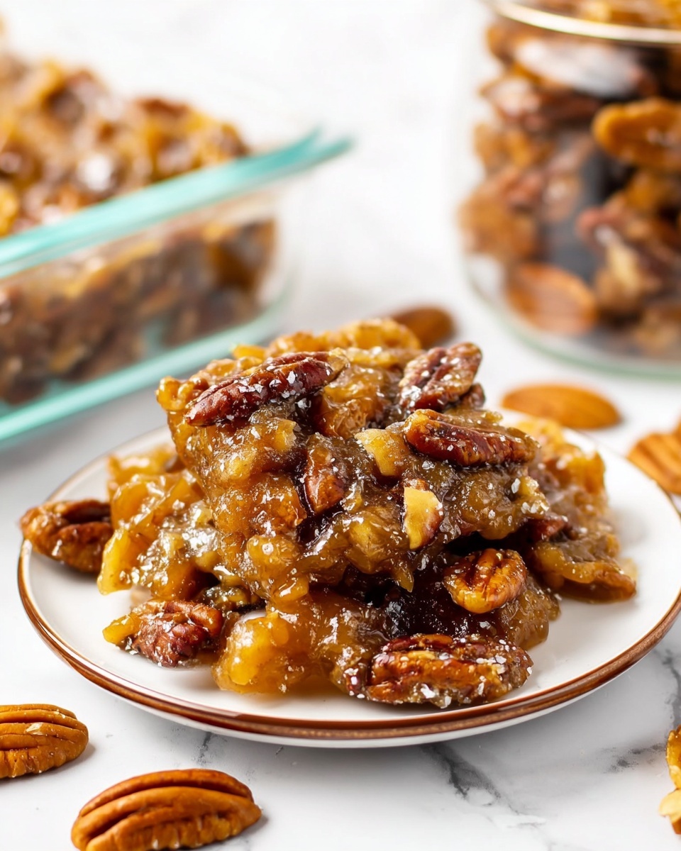 The dish is a serving of pecan praline candy on a white plate with a thin brown rim. It has a rough, chunky texture with a mix of light caramel brown and deeper golden brown layers, showing bits of pecans embedded throughout. The pecans are whole, shiny, and dark brown, scattered visibly on top and mixed inside. The candy looks sticky and slightly shiny with a dense, uneven surface. Around the plate are additional pecans and part of a clear container with more candy is visible in the background, all set against a white marbled texture. Photo taken with an iphone --ar 4:5 --v 7