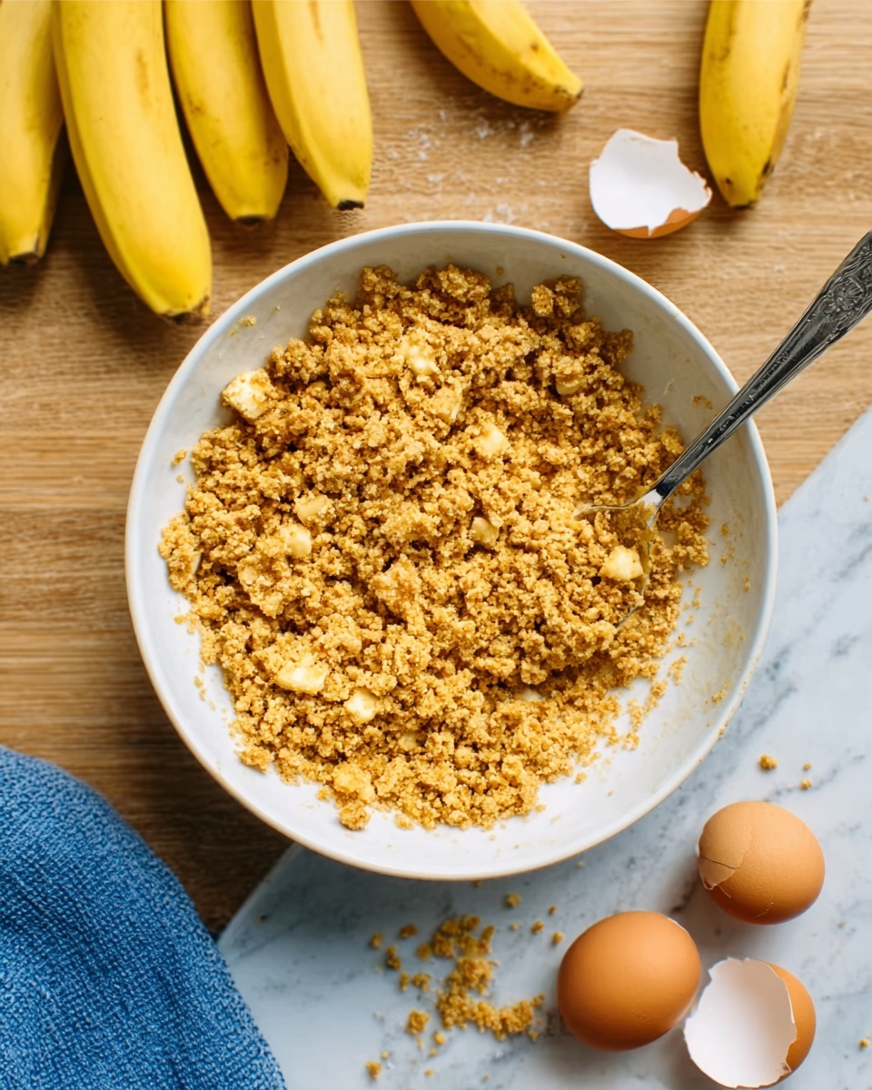 A white bowl sits on a white marbled surface, filled with a crumbly mix of light brown and beige pieces, resembling cooked grains or crumbled food. A silver spoon is inside the bowl, slightly covered by the mix. Around the bowl, there are a few brown eggs and some bananas on the surface, adding natural colors of yellow and brown to the scene. A blue cloth is placed near the bowl, providing a touch of color contrast. photo taken with an iphone --ar 4:5 --v 7