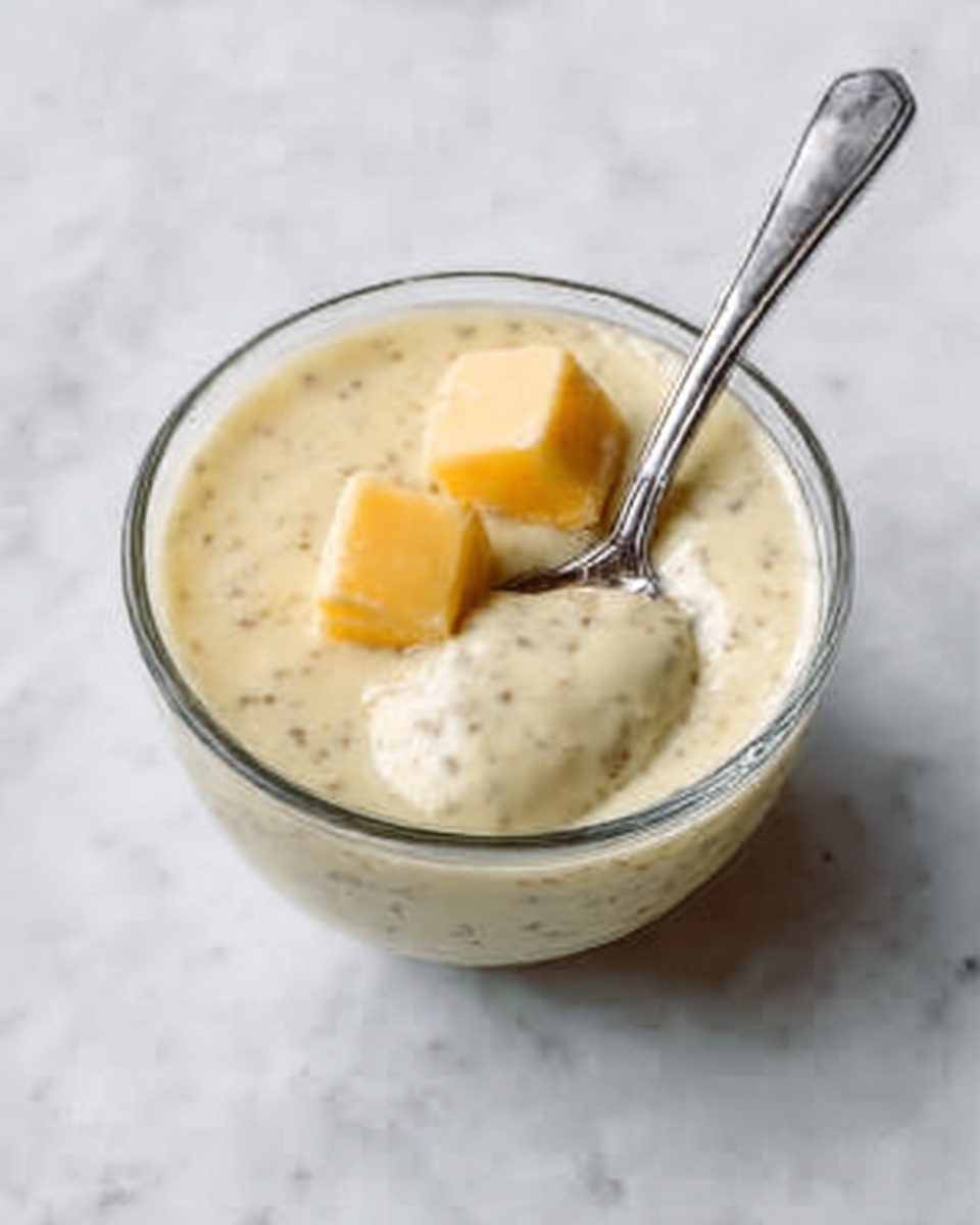 A clear glass bowl shows a creamy pudding with a smooth, soft texture. On top, there are two small golden yellow cubes that look like pieces of butter. A silver spoon is dipped into the pudding, resting on the edge of the bowl from the bottom center. The bowl is placed on a white marbled surface. photo taken with an iphone --ar 4:5 --v 7