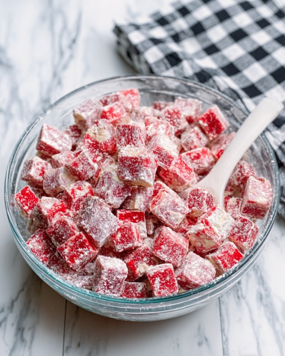 A clear glass bowl filled with many small red and white cubes coated lightly in white powder, with a white spoon resting inside the bowl on the right side. The bowl sits on a white marbled surface with a black and white checkered cloth in the background. The red cubes have a slightly softer look with white spots and the white powder gives a dusty texture to the whole mix. Photo taken with an iphone --ar 4:5 --v 7