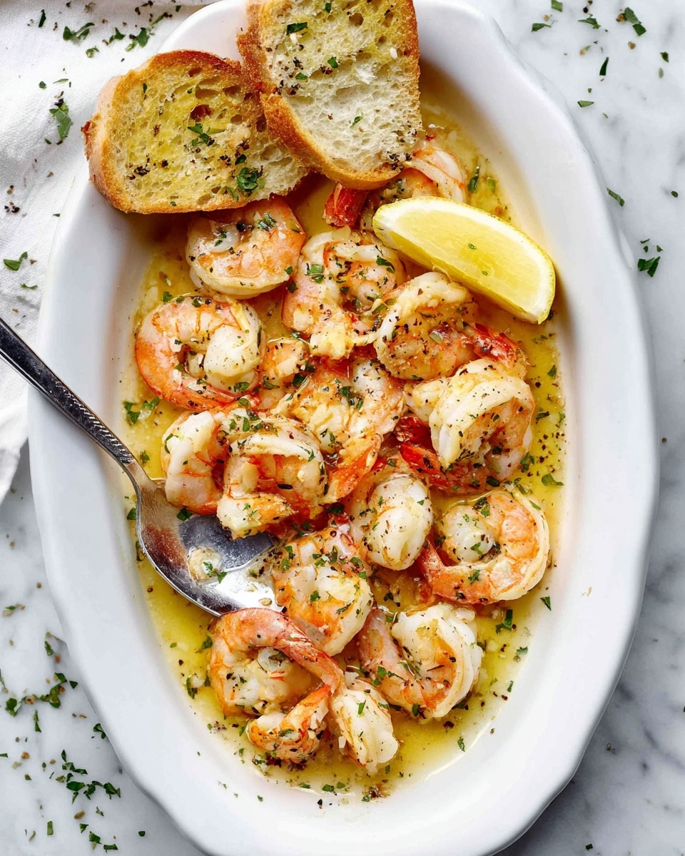 A white oval dish holds a serving of cooked shrimp in a light yellow sauce, sprinkled with green herbs and black pepper. The shrimp are pink and white with some curved into C shapes, packed closely together and partially covered by the sauce. On the right side of the dish, a pale yellow lemon wedge rests among the shrimp. On the left side, two pieces of toasted white bread with a golden, slightly crispy surface sit partially on the shrimp. A silver spoon is placed at the front left edge of the dish, partly lying in the sauce with a few shrimp inside it. The dish is set on a white marbled surface with some scattered green herbs around. Photo taken with an iphone --ar 4:5 --v 7