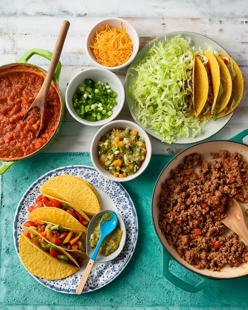 The image shows a white plate on a white marbled surface with four yellow taco shells on the right side. Above the shells is a pile of chopped light green lettuce. There are two small white bowls on the plate; one with shredded orange cheese in the left center and another filled with a chunky green and yellow salsa with a blue spoon on the right center. To the left of the plate is a smaller white plate with blue patterns, holding three tacos filled with ground meat and shredded cheese. Above this plate is a white bowl filled with chopped green onions. At the bottom center, a white pan with a blue handle contains cooked ground meat mixed with diced red and yellow peppers. At the top left, a white pan with a green handle holds red sauce with meat, and a wooden spoon rests inside. The whole setup is on a teal cloth. Photo taken with an iphone --ar 4:5 --v 7