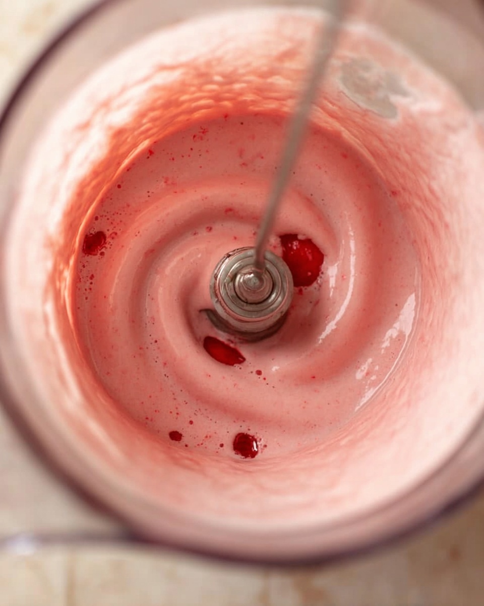 A close-up view inside a tall clear blender filled with a pink creamy mixture that looks smooth and thick. A metal frother is spinning in the center, creating a swirl pattern in the light pink foam. Small bubbles and tiny chunks of red color are mixed throughout the creamy pink layer. The blender stands on a white marbled surface. Photo taken with an iphone --ar 4:5 --v 7