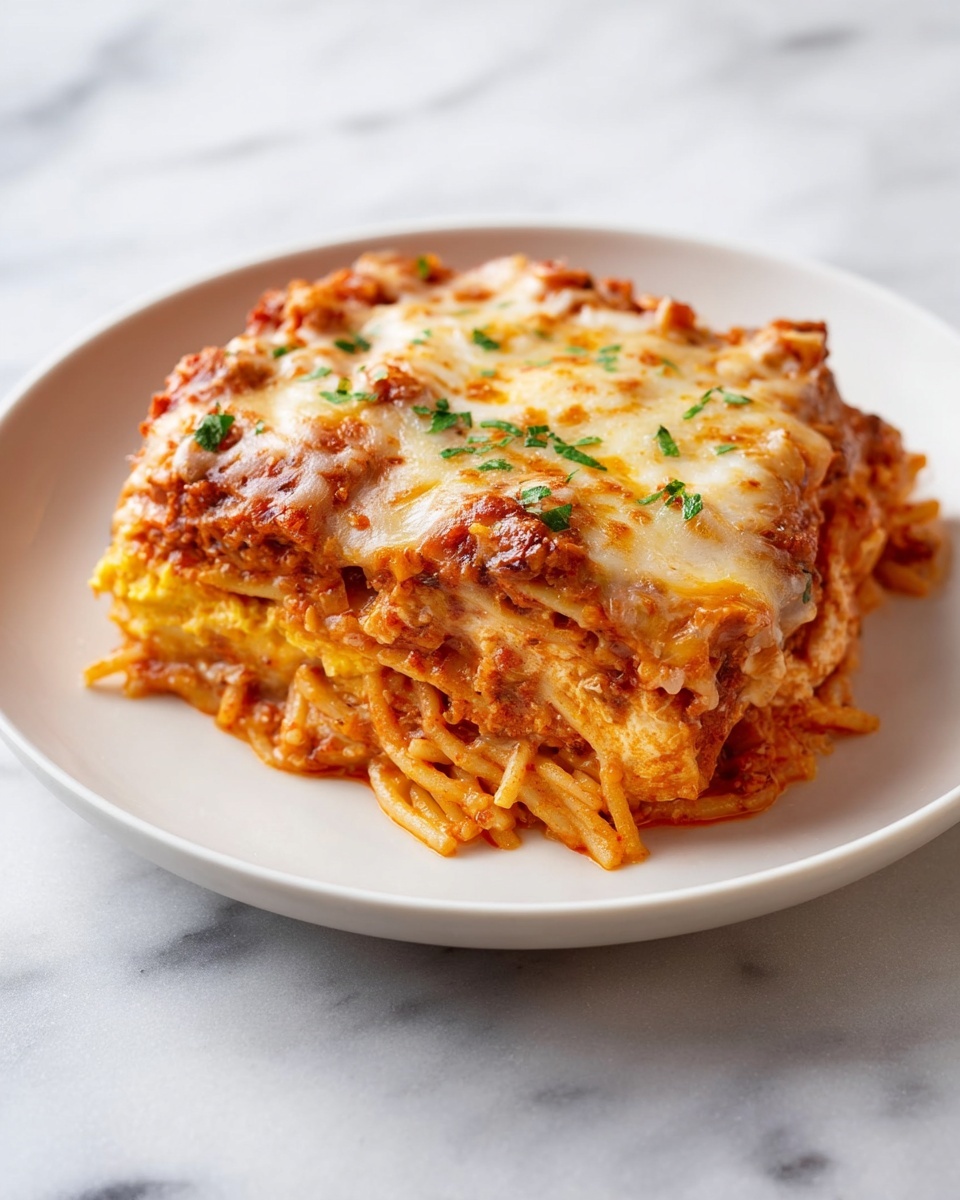 The dish shows a single serving of lasagna on a white plate sitting on a white marbled surface. It has about four layers, starting from the bottom with a dense layer of spaghetti mixed with red tomato sauce. Above that is a yellow layer of ricotta or cheese mixture, followed by more spaghetti coated in rich tomato sauce. The top layer includes melted golden brown cheese that is slightly browned and bubbly, scattered with small green herb bits for color. The texture of the spaghetti is soft with strands visible around the edges, and the sauce looks thick and hearty. photo taken with an iphone --ar 4:5 --v 7