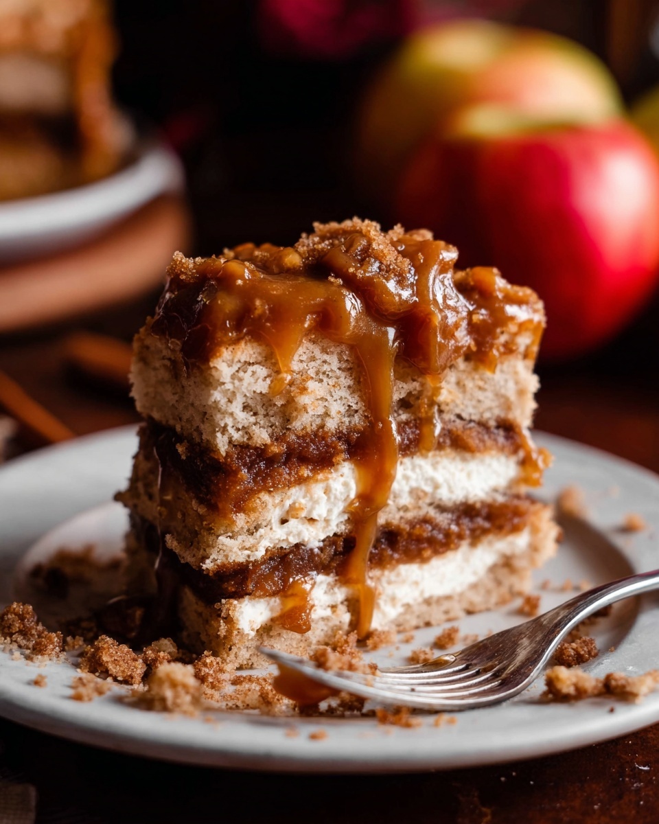 A stack of three light brown layers of soft cake with a dark brown filling between each layer sits on a white plate. The top layer is covered with a chunky caramel sauce that drips slightly down the side. There are small brown crumb pieces sprinkled on the caramel and the plate. A silver fork rests in front of the cake on the plate. The background shows a blurred red apple and a warm dark setting. Photo taken with an iphone --ar 4:5 --v 7