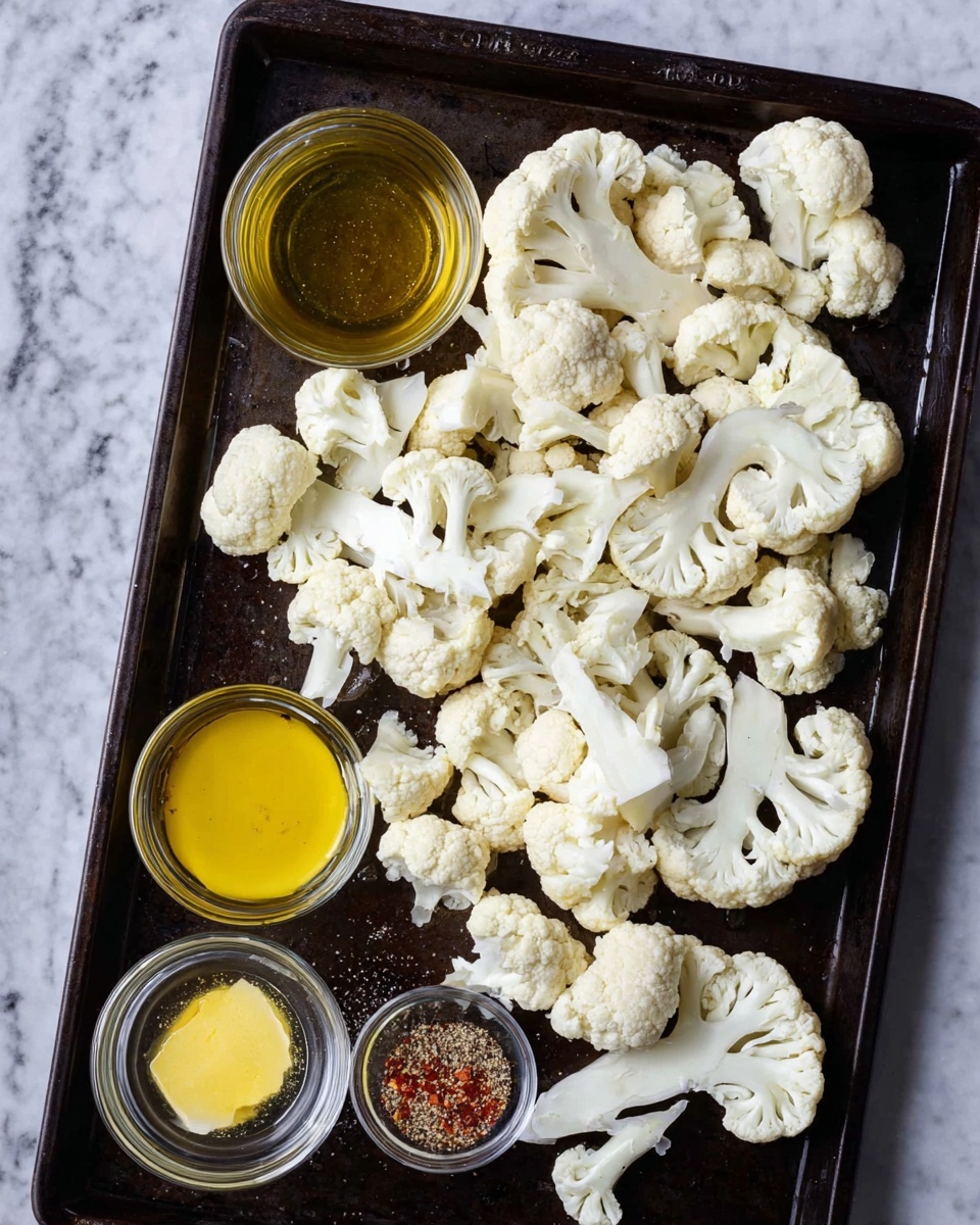 A dark baking tray filled with one layer of raw, white cauliflower slices of different sizes, evenly spread out across the tray. At the bottom left corner of the tray, there are three small clear glass bowls arranged in a triangle: the top bowl contains light golden olive oil, the bottom left bowl holds yellow melted butter, and the bottom right bowl has a mix of ground black and red spices. The scene is set on a white marbled surface. Photo taken with an iphone --ar 4:5 --v 7