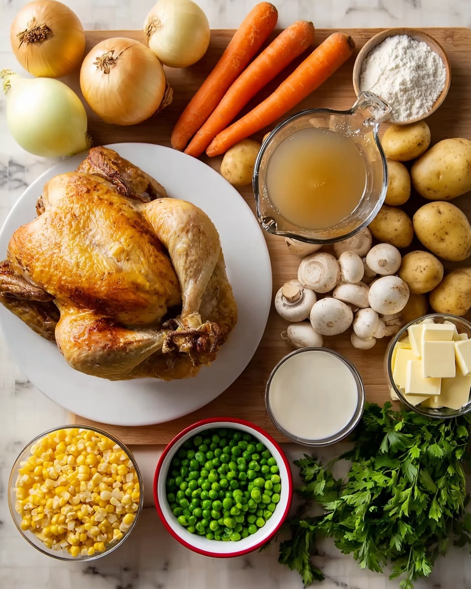 A white plate with a whole roasted golden brown chicken placed on a wooden table with a white marbled texture visible around it. Around the plate, starting from the top left, there is a large yellow onion, two orange carrots, two green celery stalks, four light brown potatoes, a bunch of fresh green parsley, a cluster of small white mushrooms in a clear bowl, a clear measuring cup filled with light brown chicken broth, a small white bowl with yellow corn kernels, a small red bowl filled with green peas, a small glass cup containing white cream, a white bowl with white flour, two cloves of garlic, and a block of butter wrapped in paper. photo taken with an iphone --ar 4:5 --v 7