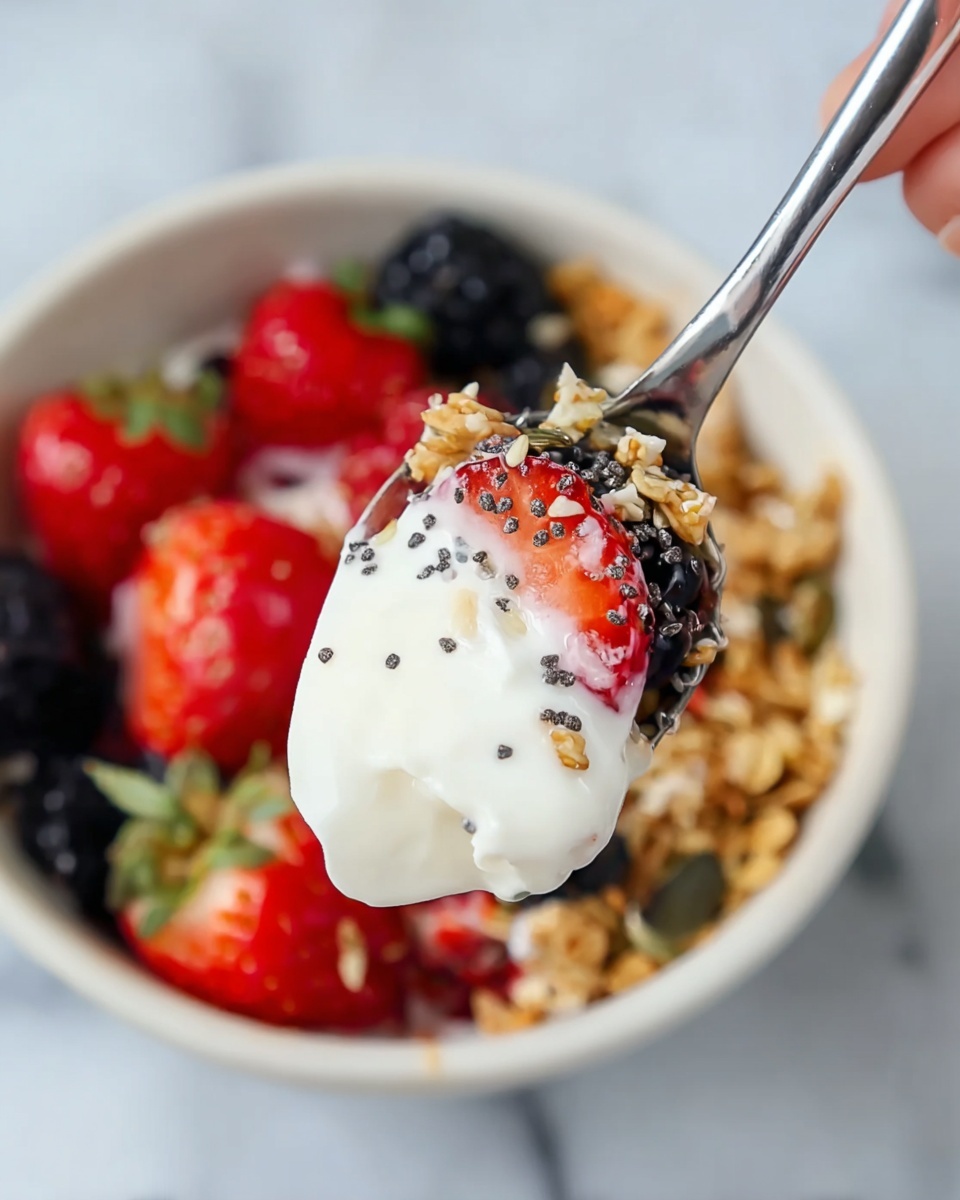 A close-up of a silver spoon held by a woman's hand, lifting a bite of thick white yogurt mixed with blackberries and strawberry slices. The spoon shows black and white seeds sprinkled on the fruit and yogurt. Below the spoon, a white bowl is filled with layers starting from crunchy golden granola at the bottom, then creamy white yogurt, topped with fresh red strawberries, blackberries, and seeds. The background features a white marbled surface, making the bright colors stand out. photo taken with an iphone --ar 4:5 --v 7