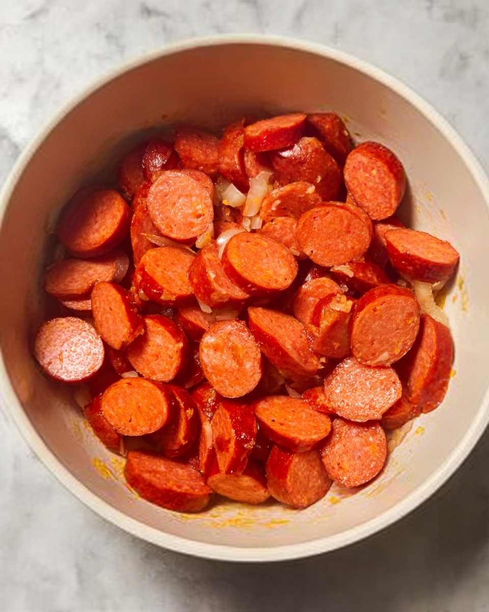 Inside a white bowl, there is a single layer of sliced sausages that are orange-red in color with a slightly shiny, cooked texture. The slices are uneven in size and spread out, showing a mix of round and diagonal cuts. The bowl sits on a white marbled surface. The photo taken with an iphone --ar 4:5 --v 7