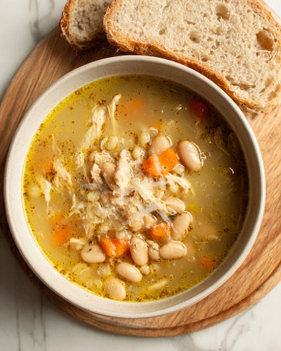 The image shows a white bowl filled with thick soup placed on a wooden board over a white marbled surface. The soup has a yellowish broth with visible shredded chicken, light brown beans, and small orange carrot pieces spread evenly. A slice of rustic bread rests next to the bowl, partially visible on the board. The soup looks hearty with a mix of soft textures from the chicken and beans, and the bowl is round with a smooth edge. Photo taken with an iphone --ar 4:5 --v 7