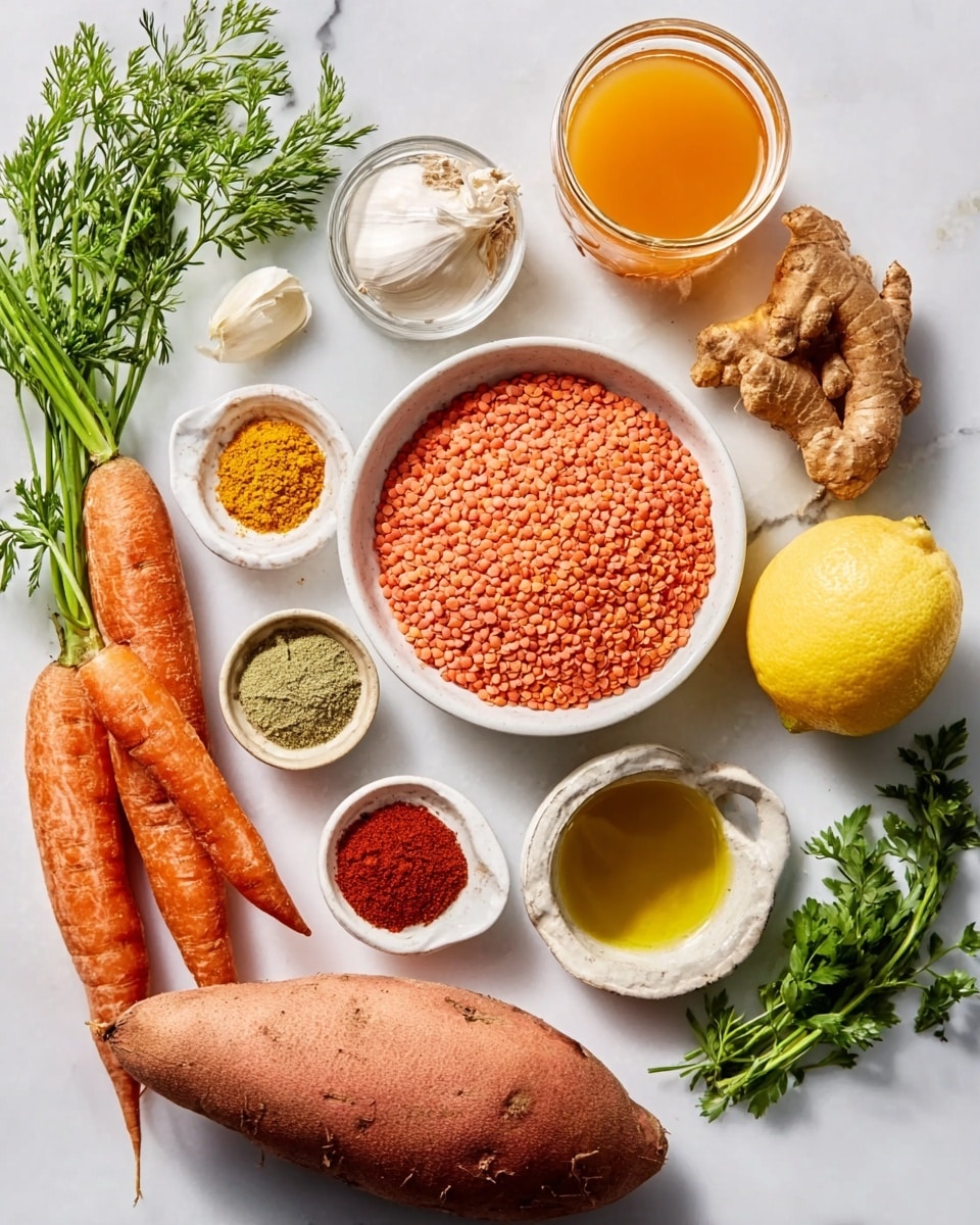 The image shows a clean arrangement of cooking ingredients on a white marbled surface. In the center, there is a white bowl filled with red lentils, showing a grainy texture. Around it, there are fresh orange carrots with green tops, a whole unpeeled sweet potato with a rough orange skin, and a cut lemon showing its bright yellow inside. Small white bowls hold various spices in red, yellow, and green powders, while a glass bowl contains clear golden olive oil. Fresh garlic cloves, a white onion, and green herbs add natural colors and textures to the scene. A glass of orange liquid is placed near the top right, adding a fresh touch. Everything is cleanly arranged and brightly lit. photo taken with an iphone --ar 4:5 --v 7