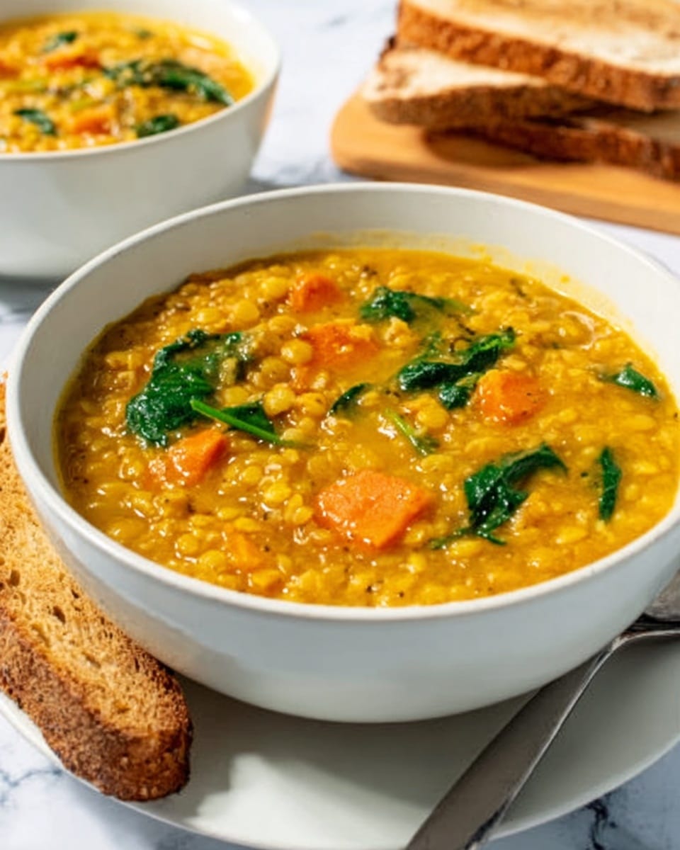 A white bowl filled with thick yellow lentil soup that has visible slices of orange carrot and dark green spinach leaves mixed in. The soup looks creamy with a slightly chunky texture. Next to the bowl on a white marbled surface, there is a piece of light brown toasted bread and a spoon nearby. In the background, there is another white bowl with the same lentil soup. The scene is simple and bright, showing the wholesome meal clearly. Photo taken with an iphone --ar 4:5 --v 7