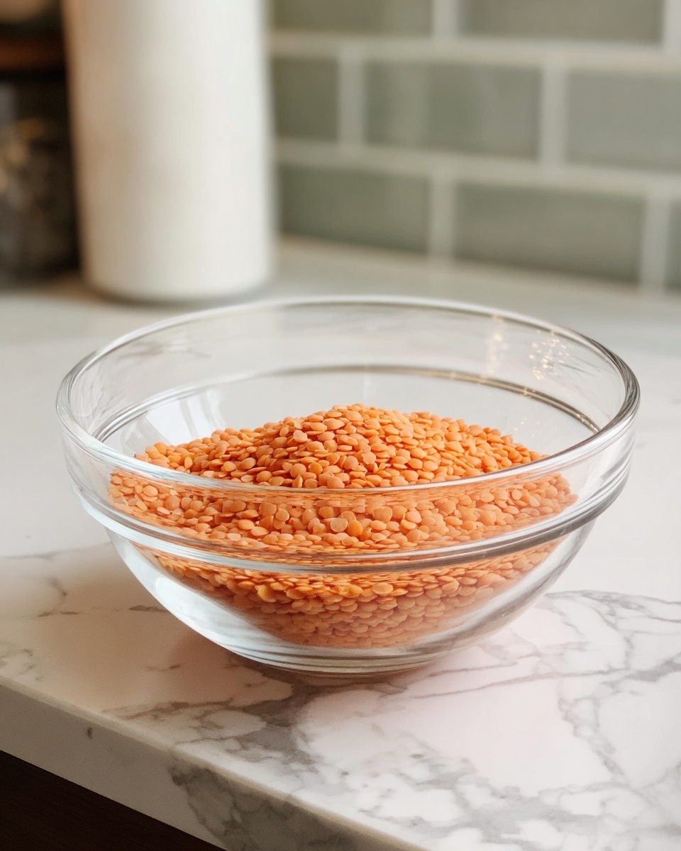 A clear glass bowl sits on a white marbled surface, filled halfway with bright orange lentils that form a small mound in the center. The bowl's smooth, curved sides catch the light, showing the lentils' flat, round shapes in detail. The background features soft, neutral tones from kitchen tiles and a white container blurred at the back, highlighting the simplicity and fresh look of the lentils in the bowl photo taken with an iphone --ar 4:5 --v 7