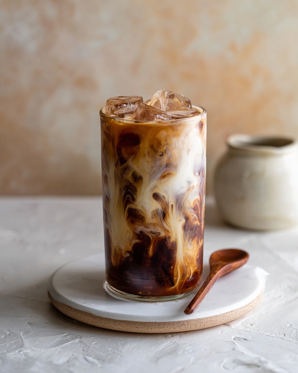 A tall clear glass filled with iced coffee shows three main layers: dark brown coffee at the bottom, creamy white milk swirling through the middle, and more dark brown coffee on top, with ice cubes floating at the surface. The glass sits on a round white plate with a small wooden spoon placed diagonally in front. The background is a soft, blurry beige with a white marbled surface underneath the plate. photo taken with an iphone --ar 4:5 --v 7