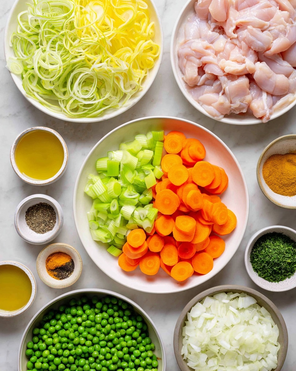 The image shows several white plates and bowls arranged on a white marbled surface, each filled with different fresh ingredients. In the center, a white plate is divided into two halves with bright orange carrot slices on one side and light green celery slices on the other. Above, a white plate holds thin, curly yellow and pale green leek slices. To the right, a white plate contains raw pink chicken pieces. At the bottom left, there is a bowl full of green peas, slightly frosted. Next to it, a small bowl holds golden yellow oil. There is a white bowl with chopped white onions at the bottom right. Small bowls hold black pepper, white salt, finely chopped green herbs, and a small plate contains minced garlic, turmeric, and ground spices. The ingredients are colorful, fresh, and neatly arranged. Photo taken with an iphone --ar 4:5 --v 7