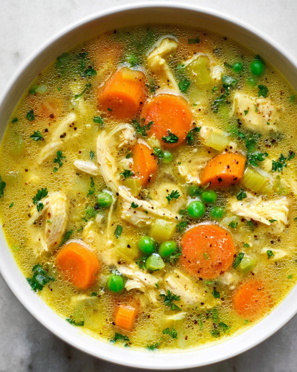 The image shows a white bowl filled with a soup featuring several layers and textures. The base broth is light yellow-green, slightly thick with small bubbles on its surface. Inside, there are large, round slices of bright orange carrots scattered evenly throughout. Mixed in are soft, shredded pieces of pale yellow chicken, interspersed with small, round green peas and finely chopped green herbs that add a fresh touch. The soup also contains diced celery or light green vegetable bits, adding more texture and color contrast. A light sprinkle of black pepper is visible on top, enhancing the overall visual. The bowl sits on a white marbled surface. Photo taken with an iphone --ar 4:5 --v 7