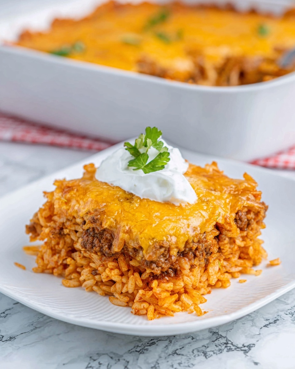 The image shows a white plate with a thick, square slice of cheesy rice casserole. The casserole has four layers: the bottom is a light orange rice layer with visible grains and small bits of vegetables, the second layer is browned ground meat mixed with rice, the third layer is a melted golden cheese crust with bubbly texture and slightly crispy edges, and on top is a dollop of white sour cream garnished with a small green herb leaf. In the background, there is a white baking dish filled with the same rice casserole, and the surface beneath is a white marbled texture. Photo taken with an iphone --ar 4:5 --v 7