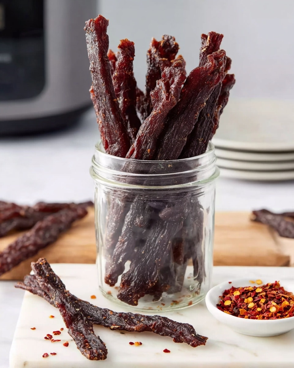 The image shows a clear glass jar filled with many dark brown beef jerky sticks standing upright. The jerky has a shiny, slightly wrinkled texture with some small red chili flakes on the surface. Around the jar, there are more jerky sticks lying on a white marbled surface. To the right, there is a small white bowl with red chili flakes inside and some scattered flakes on the marble. In the back, there is a stack of plain white plates and a dark object that looks like an air fryer. Photo taken with an iphone --ar 4:5 --v 7