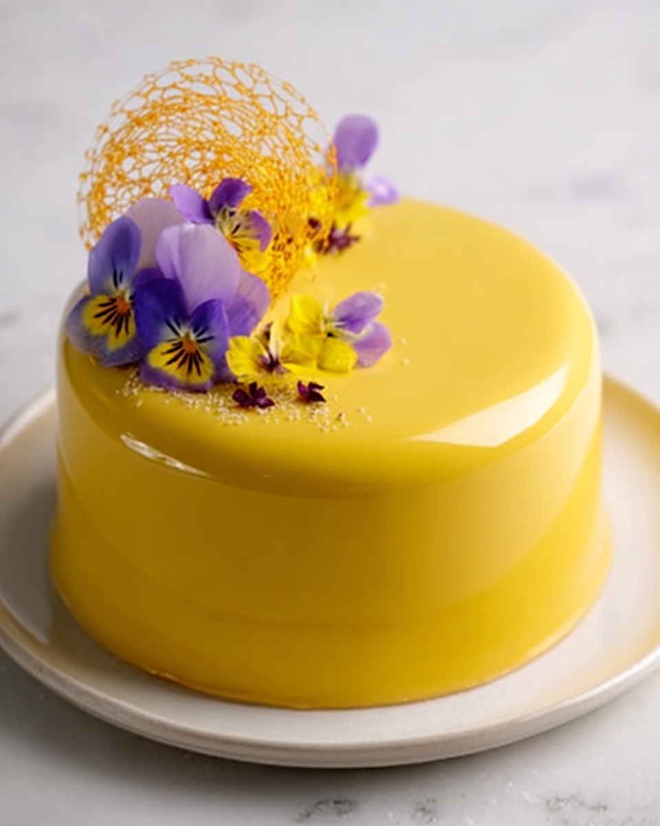 A smooth, glossy yellow cake with one visible layer, covered evenly in a shiny glaze. On top, delicate tiny yellow and purple flowers are arranged, accompanied by a thin, golden, lace-like decorative piece that adds texture and height. The cake sits on a beige plate, placed on a white marbled surface. Photo taken with an iphone --ar 4:5 --v 7