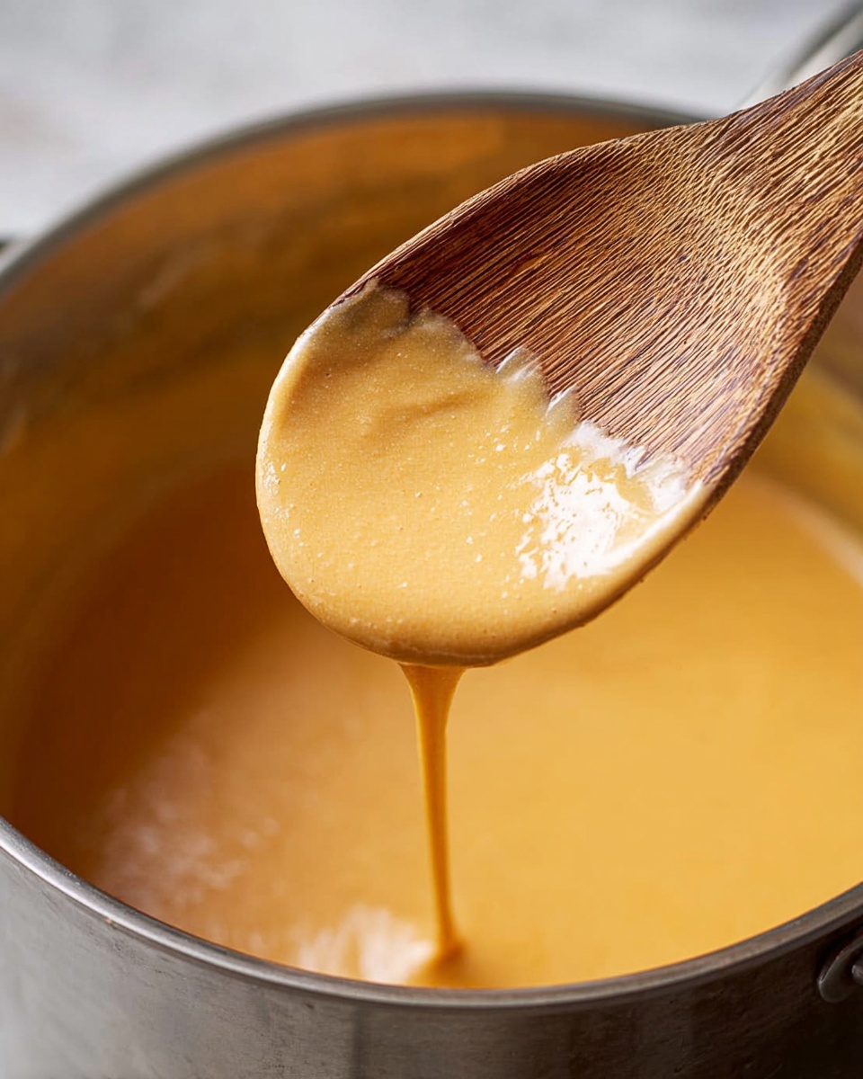 A close-up image of a wooden spoon holding a thick, creamy, light orange sauce, suspended over a metal pot filled with more of the same sauce. The sauce has a smooth and velvety texture, gently dripping off the spoon, contrasting with the natural grain and roughness of the wood. The background features a soft white marbled texture underneath the pot. photo taken with an iphone --ar 4:5 --v 7