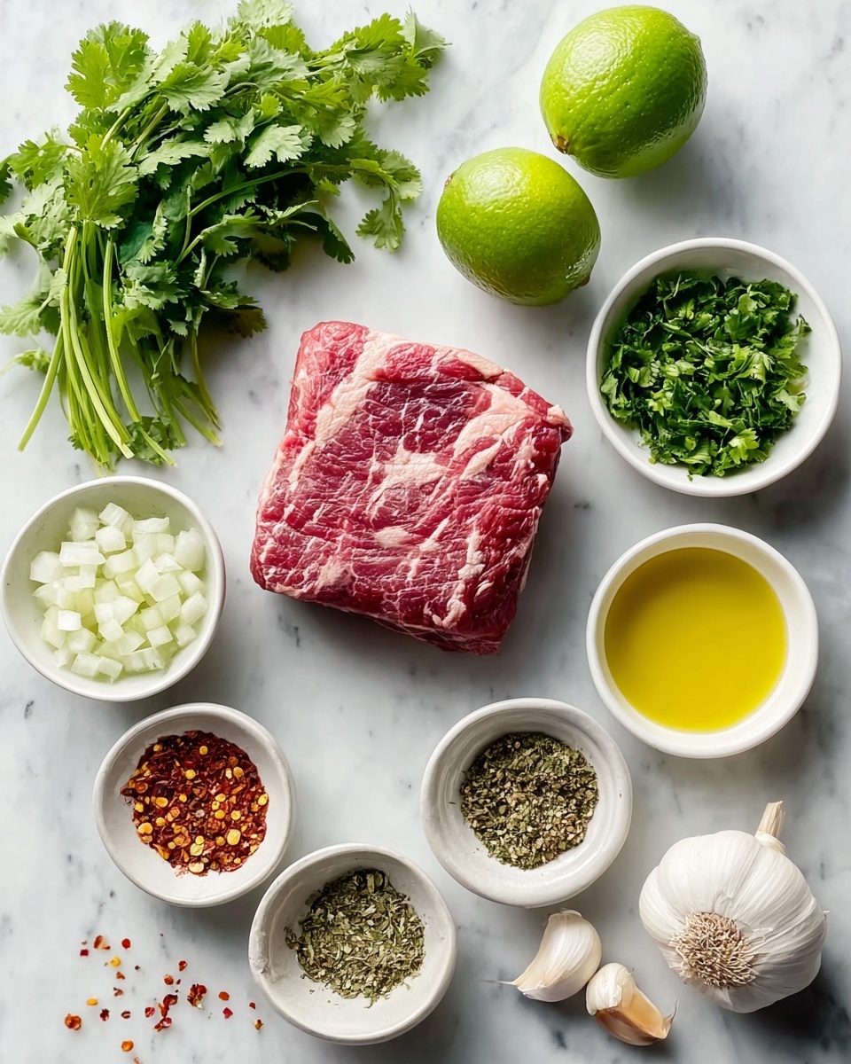 The image shows a white marbled surface with fresh ingredients arranged neatly. At the center is a square piece of raw red meat with white fat streaks. Around it, there are two whole green limes and two lime wedges. A bunch of fresh green cilantro is placed on the left side. Small white bowls hold chopped white onions, chopped green herbs, red chili flakes, ground black pepper, and a mixture of dried herbs and salt. There is also a small bowl with yellow olive oil. A whole white garlic bulb and two separated garlic cloves lie near the bottom. The arrangement looks clean and colorful, with a fresh and natural look. photo taken with an iphone --ar 4:5 --v 7
