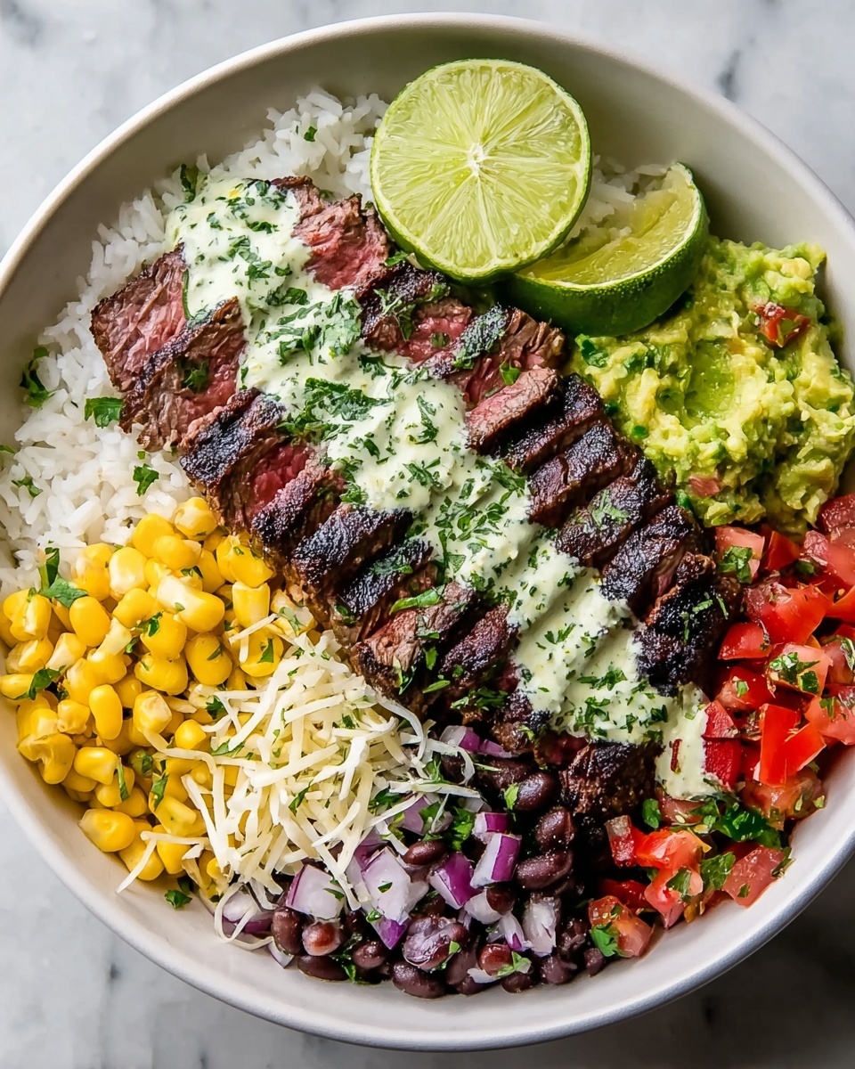 A white bowl with layers starting at the bottom with white rice spread evenly, topped on one side with sliced grilled steak showing a dark brown char and pink inside, drizzled with green herby sauce and sprinkled with chopped green herbs. Next to the steak are two lime halves with bright green flesh. On the other side of the bowl, there are sections of yellow corn kernels, green guacamole with a slightly chunky texture, black beans mixed with small white onion pieces, and a mix of red chopped tomatoes with purple onions and green herbs. Shredded white cheese is layered over the center near the steak. The bowl is on a white marbled surface photo taken with an iphone --ar 4:5 --v 7