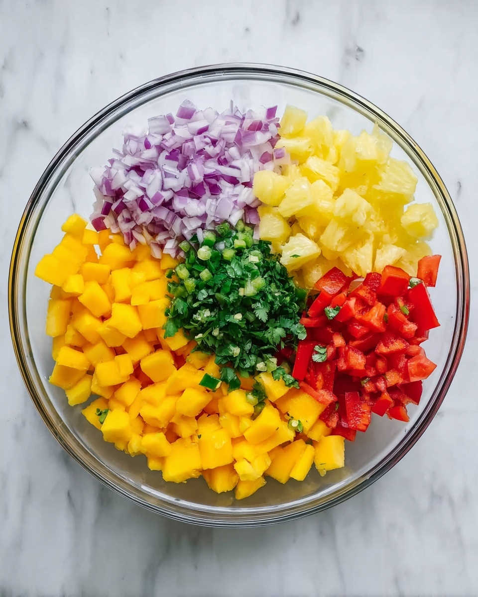 A clear glass bowl on a white marbled surface holds five sections of finely chopped ingredients arranged like pie slices. At the top right, bright yellow pineapple cubes; below that to the right, vivid red bell pepper pieces; on the bottom left, golden mango cubes; on the top left, small purple and white onion pieces. In the center, a small pile of chopped green jalapeño and fresh green cilantro. The colors are bright and vibrant, with each ingredient clearly separated. Photo taken with an iphone --ar 4:5 --v 7